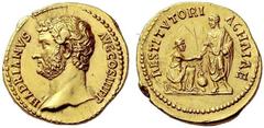 Part I The Roman Empire Hadrian 117 – 138 Aureus 134-138, AV 7.10 g. HADRIANVS – AVG COS III P P Bare-headed bust l., with drapery on r. shoulder. Rev. RESTITVTORI – ACHAIAE Hadrian, togate, standing 