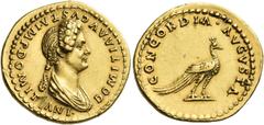 The Roman Empire Domitia, wife of Domitian Aureus 82–83, AV 7.56 g. DOMITIA AVGVSTA IMP DOMIT[I]ANI Draped bust r., hair massed in front and in long plait behind. Rev. CONCORDIA AVGVSTA Peacock standi