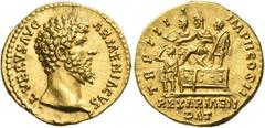The Roman Empire Lucius Verus, 161 – 169 Aureus 163-164, AV 7.25 g. L VERVS AVG – ARMENIACVS Bare head r. Rev. TR P III – I – IMP II COS II L. Verus seated l. on platform; behind and before him respec