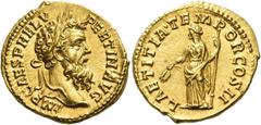 The Roman Empire Pertinax, 1 January – 28 March 193 Aureus 1st January-28th March 193, AV 7.23 g. IMP CAES P HELV – PERTIN AVG Laureate head r. Rev. LAETITIA·TEMP – OR COS II Laetitia standing l., hol