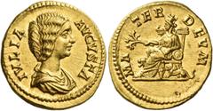 The Roman Empire Julia Domna, wife of Septimius Severus Aureus circa 196-211, AV 7.30 g. IVLIA – AVGVSTA Draped bust r. Rev. MA – TER DEVM Cybele seated l. on throne, towered, holding branch in r. han