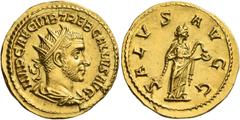 The Roman Empire Trebonianus Gallus, 251 – 253 Binio June-November 251, AV 5.66 g. IMP CAE C VIB TREB GALLVS AVG Radiate, draped and cuirassed bust r. Rev. SALVS AVGG Salus standing r., feeding snake 