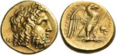Greek Coins Calabria, Tarentum Stater circa 276-272, AV 8.55 g. Laureate head of Zeus r.; behind, NK ligate. Rev. TAPANTINΩN – [Α]ΠΟΛ Eagle standing r. on thunderbolt, with spread wings; in lower r. f