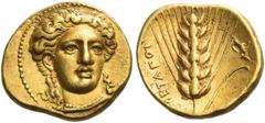 Greek Coins Metapontum Tetrobol circa 290-280, AV 2.61 g. Head of Nike, facing three-quarters r., wearing ampyx and double pearl necklace. Rev. ΜΕΤΑΠΟΝ Ear of barley with leaf to r.; in r. field, crat