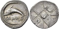 Greek Coins Messana As Zankle under the Samians. Chalcidian drachm circa 500, AR 5.61 g. DANKLE Dolphin swimming l. within sickle-shaped open harbour; outer edge of wharf surrounded by dots. Rev. Muss