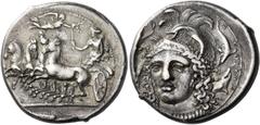 Greek Coins Syracuse Tetradrachm signed by Eukleidas circa 413-399, AR 17.31 g. Fast quadriga driven l. by female charioteer, holding reins in l. hand and raising flaming torch in r.; above, Nike flyi