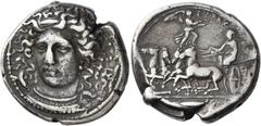 Greek Coins Syracuse Tetradrachm signed by Kimon circa 405-400, AR 16.83 g. Head of nymph Arethusa facing three-quarters l., wearing pearl-shaped pendant and necklace over collier ornamented with pear
