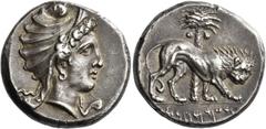 Greek Coins The Carthaginians in Sicily, Sardinia and North Africa Tetradrachm, uncertain mint in Sicily circa 320-310, AR 17.31 g. Female head r., wearing oriental tiara with plain band before forehe