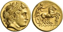 Greek Coins Philip II, 359 – 336 and posthumous issues Stater, Colophon circa 322, AV 8.64 g. Laureate head of Apollo r. Rev. ΦΙΛΙΠΠΟΥ Prancing biga r., driven by charioteer holding kentron and reins;