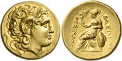 Greek Coins Kings of Thrace, Lysimachus 323-281 and posthumous issues Stater, Pella (?) mid III century BC, AV 8.46 g. Diademed head of deified Alexander III r., with horn of Ammon. Rev. ΒΑΣΙΛΕΩΣ – ΛY