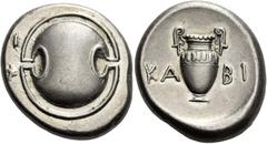 Greek Coins Boeotia, Thebes Stater circa 368-364, AR 12.12 g. Boeotian shield. Rev. Amphora, two ivy leaves on each handle; in field, KA –BI. All within incuse circle. Hepworth 61. BCD Boiotia 539. Mc