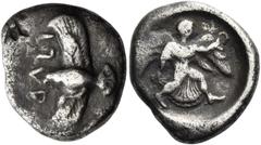 Greek Coins Elis, Olympia Drachm, Olympiads 82-87 circa 452-432, AR 5.24 g. [F]AΛEI[ON] Eagle flying l. with wings above and below, possibly grasping snake in its talons; above l., countermark. Rev. N