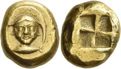 Greek Coins Mysia, Cyzicos Stater circa 500-450, EL 16.03 g. Facing head of Athena, wearing crested helmet; below, tunny-fish l. Rev. Quadripartite incuse square. SNG France 196 (these dies). Greenwel