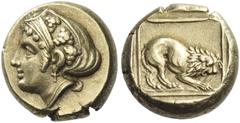 Greek Coins Lesbos, Mytilene Hecte circa 412-378, EL 2.53 g. Head of Ariadne l., her hair in sakkos decorated with three grape bunches. Rev. Lion r., holding spearhead in jaws, linear frame around. Al