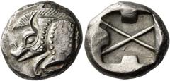 Greek Coins Lycian dynasts, uncertain ruler circa 520 – 480 Stater, uncertain mint circa 520-480, AR 9.04 g. Forepart of boar l., with dotted truncation. Rev. Incuse square, with indentations on three