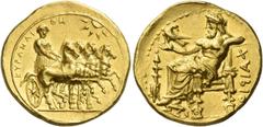 Greek Coins Cyrene Stater circa 322-314, AV 8.51 g. KYPANAI – ΩN Slow quadriga driven r. by Nike, holding kentron and reins; above, sun. Rev. Zeus-Lykaios seated l., holding eagle in extended r. hand;