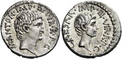 The Roman Republic Octavianus and Marcus Antonius. Denarius, mint moving with Octavian 39, AR 4.09 g. M·ANTON·IMP·III·VIR·R·P C Head of M. Antonius r. Rev. CAESAR·IMP·III·VIR· R·P·C. Head of Octavianu