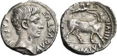 The Roman Empire Octavian as Augustus, 27 BC – 14 AD M. Durmius. Denarius circa 19-18 BC, AR 3.46 g. AVGVSTVS – CAESAR Bare head r. Rev. [M DV]RMIVS III VIR Victory flying r. crowning man-headed bull 