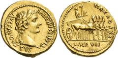 The Roman Empire Tiberius augustus, 14 – 37 Aureus 15-16, AV 7.77 g. TI CAESAR DIVI – AVG F AVGVSTVS Laureate head r. Rev. TR POT – XVII Tiberius standing in slow quadriga r., holding laurel branch an