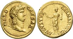 The Roman Empire Nero augustus, 54 – 68 Aureus 64-65, AV 7.37 g. NERO – CAESAR Laureate and bearded head r. Rev. AVGVSTVS – GERMANICVS Nero, radiate, standing facing, holding branch and Victory on glo