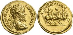 The Roman Empire Septimius Severus, 193-211 Aureus 202, AV 7.19 g. SEVER P AVG P M – TR P X COS III Laureate, draped and cuirassed bust r. Rev. A – DVENT AVGG Severus, Caracalla and Geta galloping r.,