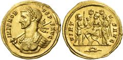 The Roman Empire Probus, 276 – 282 Aureus 276-282, AV 6.89 g. IMP PROB – VS P – F AVG Laureate and cuirassed bust l. with aegis and spear over r. shoulder seen three-quarters from front. Rev. VIRT – V