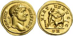 The Roman Empire Maximianus Herculius augustus, first reign 286 – 305 Aureus 287, AV 5.05 g. MAXIMIA – NVS P F AVG Laureate head r. Rev. VIRT – VS AVGG Hercules standing r., kneeling on the Cerynean h