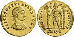 The Roman Empire Constantius II caesar, 324 – 337 Solidus, Cyzicus 324, AV 4.52 g. FL IVL CONSTANTIVS NOB C Pearl-diademed, draped and cuirassed bust r. Rev. PRINCIPI I – V– VENTVTIS Caesar standing l