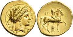 Greek Coins. Calabria, Tarentum. Stater circa 302, AV 8.55 g. TAPA Veiled and diademed head of Hera r., wearing earring and necklace; below chin, dolphin swimming downwards. Behind neck, IOP. Rev. Hor