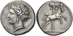 Greek Coins. The Carthaginians in Sicily. Tetradrachm, uncertain mint in Sicily "people of the camp" circa 330-320, AR 17.14 g. Head of Tanit (Kore-Persephone) l., wearing barley wreath, earring and p