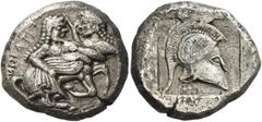 Greek Coins. Thraco-Macedonian tribes, The Orrescii. Stater late sixth-early fifth century BC, AR 9.35 g. Centaur r., abducting nymph. Rev. Crested Corinthian helmet within quadripartite incuse square