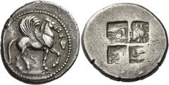Greek Coins. Argilus. Stater circa 478-470, AR 13.48 g. Pegasus, with curled wing, walking r., raising his l. foreleg; in r. field, bunch of grapes. Rev. Irregular quadripartite incuse square. Liampi,