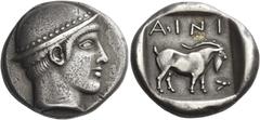 Greek Coins. Aenus. Tetradrachm circa 469/8-467/6, AR 16.13 g. Head of Hermes r., wearing causia with pelleted rim. Rev. AINI Goat standing r.; in lower r. field, bee r. All within incuse square. SNG 