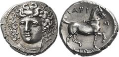 Greek Coins. Larissa. Stater circa 356-342, AR 12.30 g. Head of the nymph Larissa facing, turned slightly l., wearing ampyx, pendant earring, and simple necklace. Rev. ΛΑΡΙ – Σ / ΑΙΩΝ Bridled horse tr