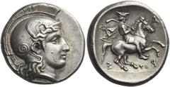 Greek Coins. Pharsalus. Drachm, signed by the engraver Telephantos late V-mid IV century BC, AR 6.01 g. Head of Athena r., wearing crested Attic helmet with raised cheek pieces; behind neck, ΤΗ and [Ι