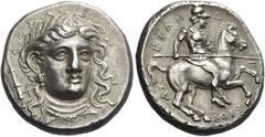 Greek Coins. Pherai. Alexander tyrant, 369-358. Stater circa 369-358, AR 12.07 g. Head of Ennodia facing, slightly r., wearing pearl diadem, grape-cluster earring and pearl necklace; in l. field, torc