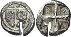 Greek Coins. Delphi. Tridrachm circa 485-475, AR 18.36 g. ΔAΛΦI – KON Two rhytons downwards, in the form of ram's heads side by side; above, two dolphins snout to snout. Rev. Quadripartite incuse squa