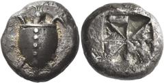 Greek Coins. Islands off Attica, Aegina. Stater circa 530-510, AR 12.10 g. Sea turtle, with row of dots down its back. Rev. Deep incuse skew pattern. Dewing 1655. Boston, MFA 1106. Holloway, ANSMN 17,