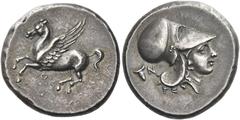 Greek Coins. Corinthia, Corinth. Stater circa 375-300, AR 8.60 g. Pegasus flying l.; below, koppa. Rev. Helmeted head of Athena r.; in l. field, bucranium and N. Ravel 1064. Calciati, Pegasi 382. BCD 