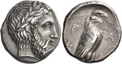 Greek Coins. Elis, Olympia. Stater 344, 109th Olympiad, AR 11.96 g. Laureate head of Zeus r. Rev. F – A / K – PI Eagle, with closed wings, perched r. on Ionic column. Seltman 190 (this coin). Gillet 9