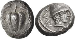 Greek Coins. The Cyclades, Melos. Stater circa 425-415, AR 14.26 g. Apple with stem. Rev. MAΛ – [ION] Young male head r., wearing conical helmet (possibly one of the Dioscuri). Pozzi 2037 (this coin).
