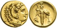 Greek Coins. Pergamum. Stater circa 334-332, AV 8.60 g. Head of deified Alexander the Great r., wearing lion's skin headdress. Rev. Facing Palladium, wearing calathus on head and holding lance in upra