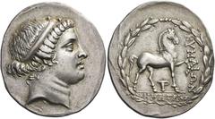 Greek Coins. Aeolis, Cume. Tetradrachm magistrate Demetrios, circa 160-150, AR 16.74 g. Diademed head of Kyme r. Rev. KYMAIΩN Horse standing r., l. foreleg arched high in the air; below, one-handled c