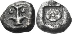 Greek Coins. Cyrene. Tetradrachm circa 525-480, AR 17.27 g. Silphium plant with four leaves and two fruits. Rev. Gorgoneion facing in dotted frame within shallow incuse square. BMC 10 and pl. II, 18. 