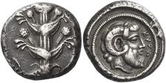 Greek Coins. Cyrene. Tetradrachm circa 480-435, AR 17.22 g. Silphium plant with two pairs of leaves and five umbels. Rev. KVPA Pearl-diademed, bearded and horned head of Zeus Ammon r . BMC p. xxxvii, 