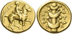 Greek Coins. Cyrene. Drachm circa 331-322, AV 4.26 g. KYPA Youth on horseback r. Rev. Κ – Υ – Δ – Ι – Ο – Σ retrograde Silphium plant. BMC 130 (these dies). SNG Copenhagen 1200 (these dies). Naville 3