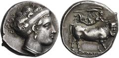 Greek Coins. Neapolis. Didrachm circa 395-385, AR 7.62 g. Head of nymph Parthenope r., wearing diadem, earring and necklace. Rev. Man-headed bull advancing r., crowned by Nike flying r.; in exergue, N