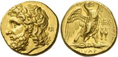 Greek Coins. Calabria, Tarentum. Stater circa 276-272, AV 8.56 g. Laureate head of Zeus l.; behind, NK ligate. Rev. [TAPANTINΩN] Eagle with open wings standing r., perched on thunderbolt; before, two 