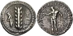Greek Coins. Metapontum. Nomos circa 440-430, AR 7.63 g. META retrograde Barley ear; in l. field, grasshopper. Rev. AΨEΛO – SO – AEΘΛON partially retrograde Achelous standing facing, in human form but