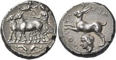 Greek Coins. Messana. Tetradrachm circa 412-408, AR 17.14 g. Slow biga of mules driven l. by Messana, wearing long chiton and holding reins in both hands and kentron in r.; above, Nike flying r. to cr